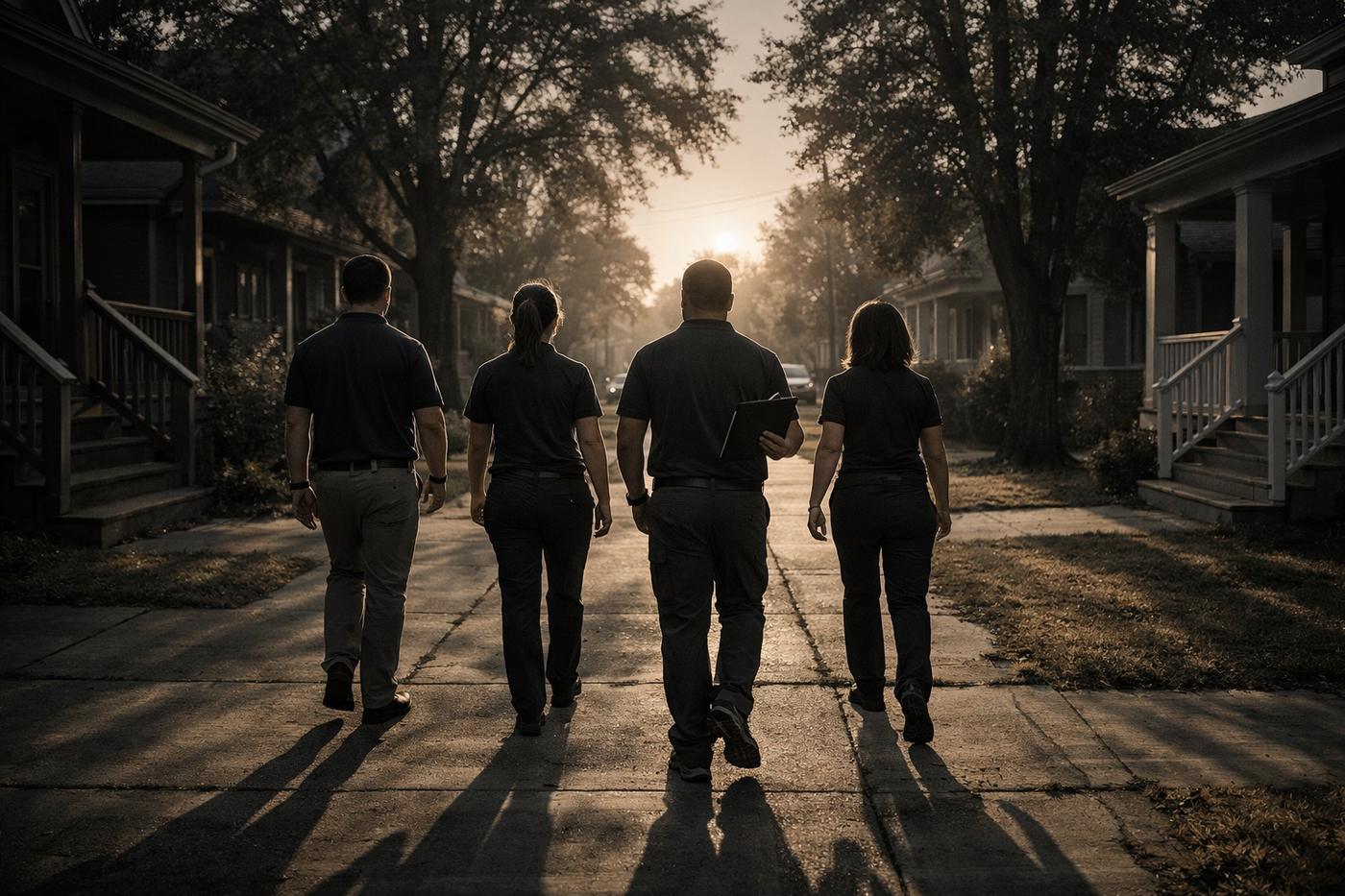 A dealer crew walking a neighborhood in the morning