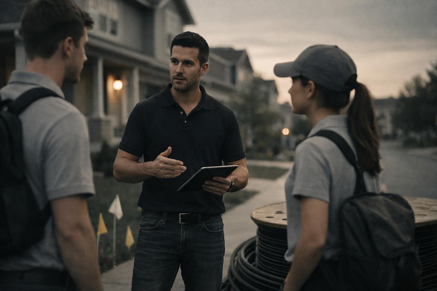 Team leader briefing two reps on a suburban street